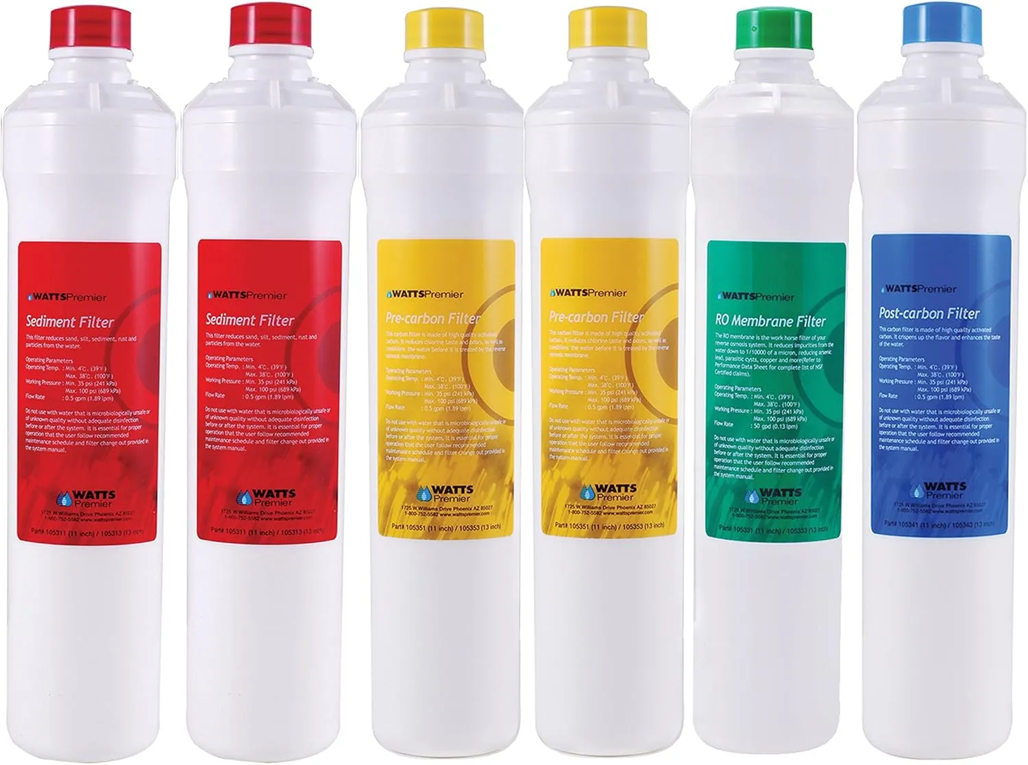 Watts Premier Annual RO Pure 6-Pack Filtration Kit for Zero/Pure Plus Reverse Osmosis System, Push Button Water Filter Replacement, 2 Sediment Filters, 2 Carbon Pre-Filters, 1 Post-Filter, Membrane
