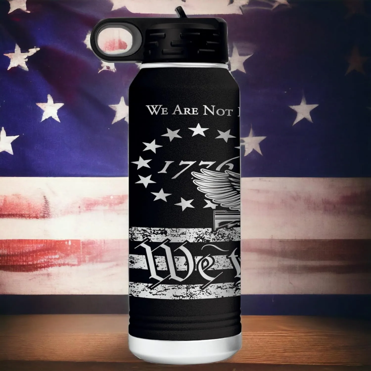 We Are Not Fearful Men 32 Ounce American Flag Double Walled Stainless Steel Insulated 32oz Water Bottle – Full 360 Degree Engraving – Engraved in USA
