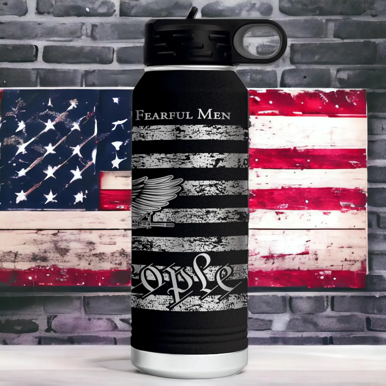 We Are Not Fearful Men 32 Ounce American Flag Double Walled Stainless Steel Insulated 32oz Water Bottle – Full 360 Degree Engraving – Engraved in USA