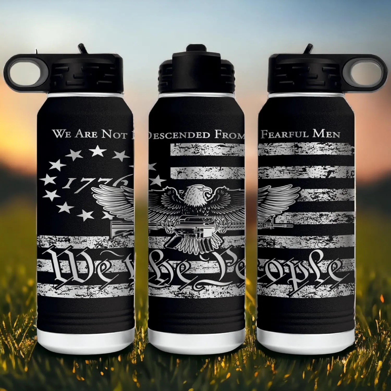We Are Not Fearful Men 32 Ounce American Flag Double Walled Stainless Steel Insulated 32oz Water Bottle – Full 360 Degree Engraving – Engraved in USA