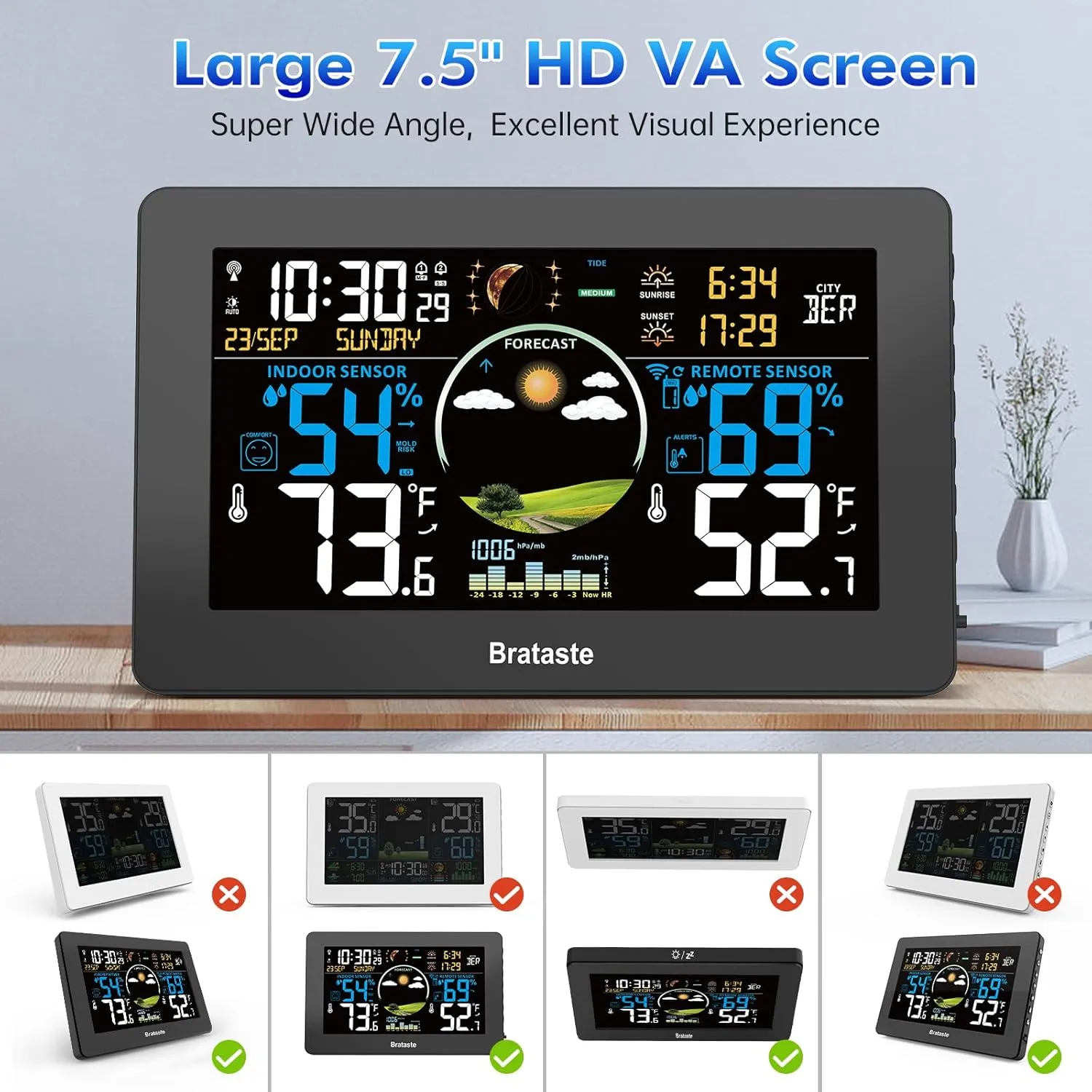 Weather Station Wireless Indoor Outdoor, Digital Thermometer with Remote Sensor, 7.5'' HD VA Display Home Weather Stations, Accurate Temperature Humidity Gauge with Weather Forecast, Atomic Clock