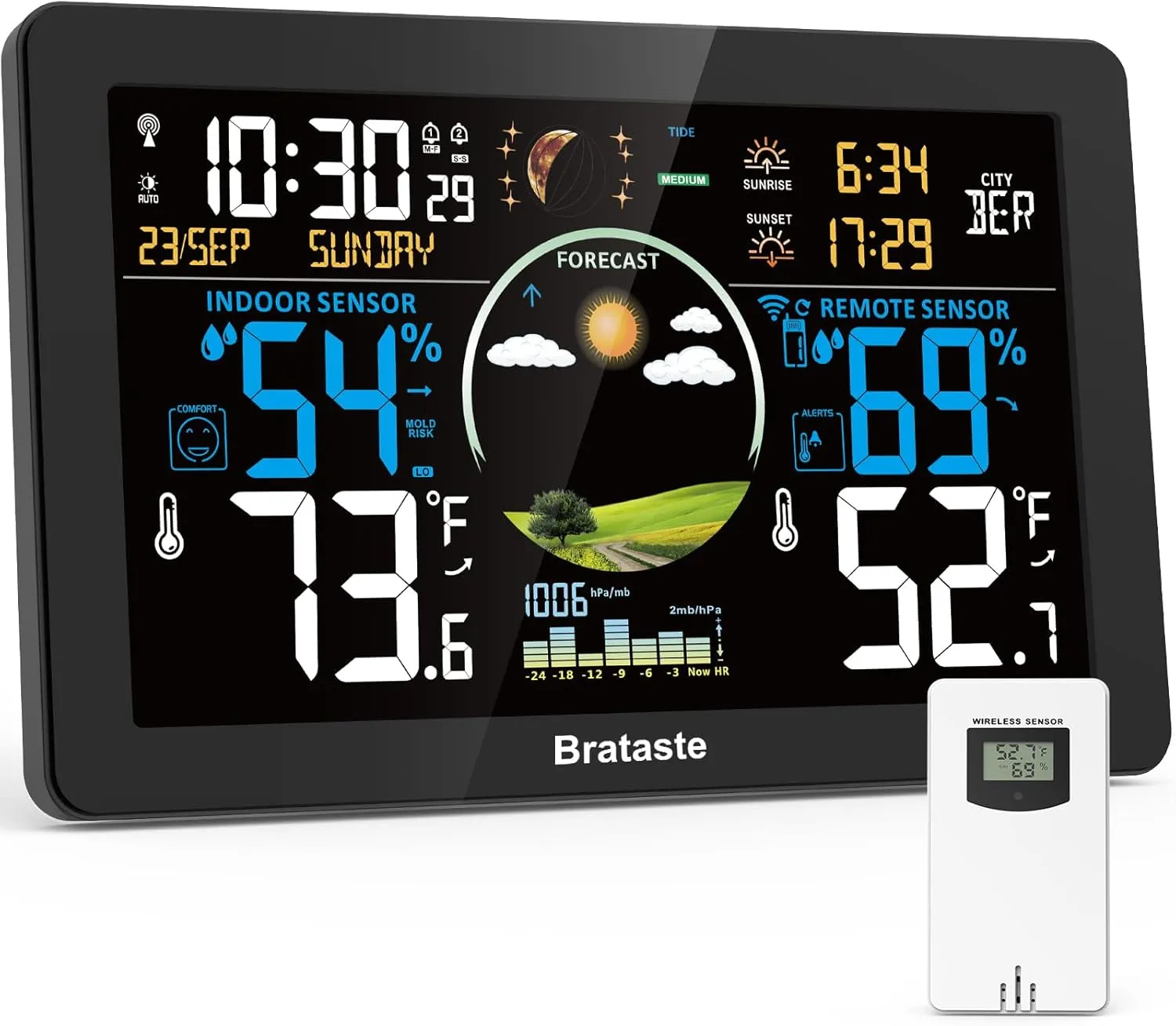 Weather Station Wireless Indoor Outdoor, Digital Thermometer with Remote Sensor, 7.5'' HD VA Display Home Weather Stations, Accurate Temperature Humidity Gauge with Weather Forecast, Atomic Clock