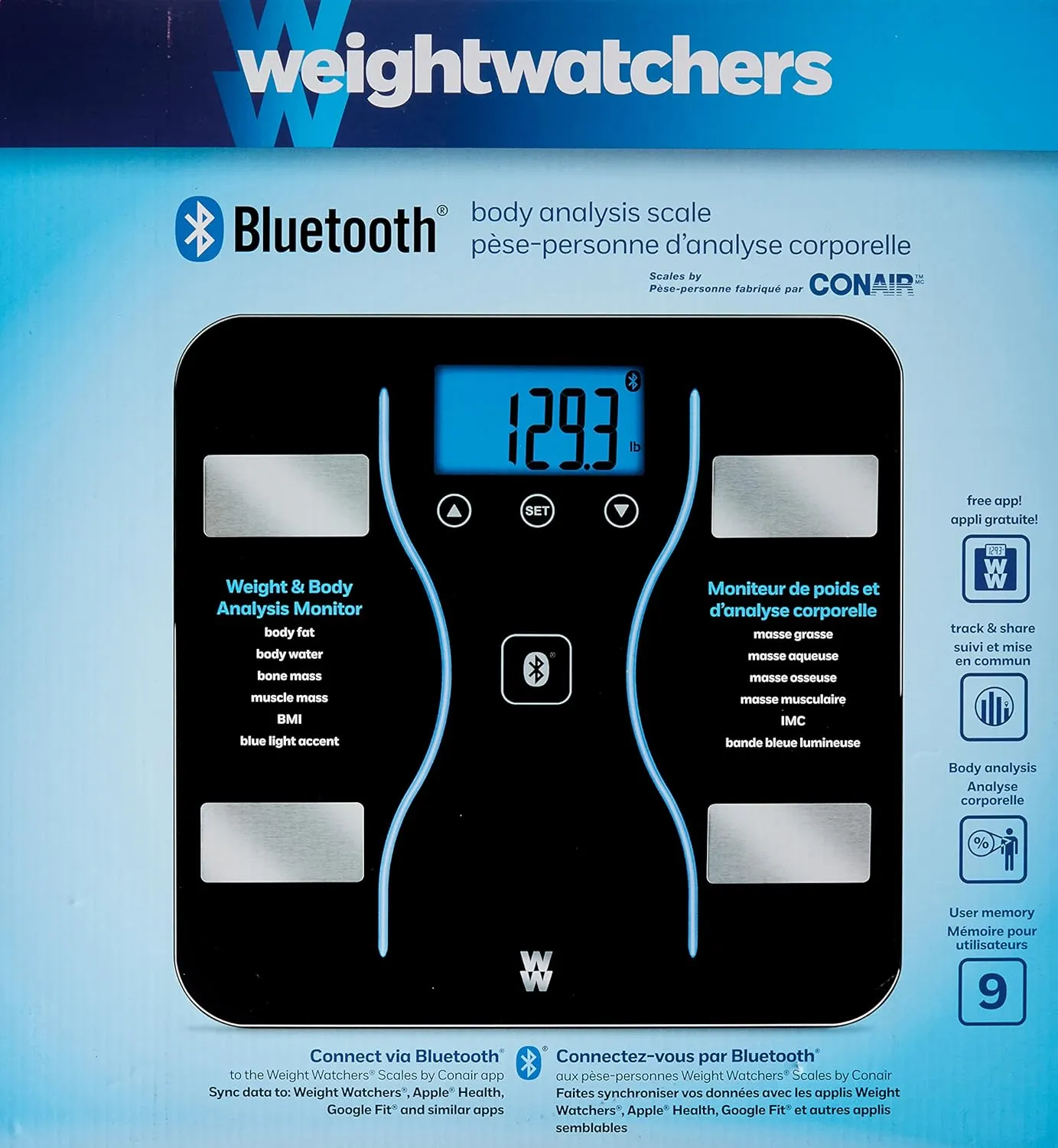 Weight Watchers Scales by Conair Bathroom Scale for Weight, Glass Digital Scale, Bluetooth Scale, BMI Scales Digital Weight and Body Fat for up to 9 Users, Measures Weight up to 400 Lbs, Black