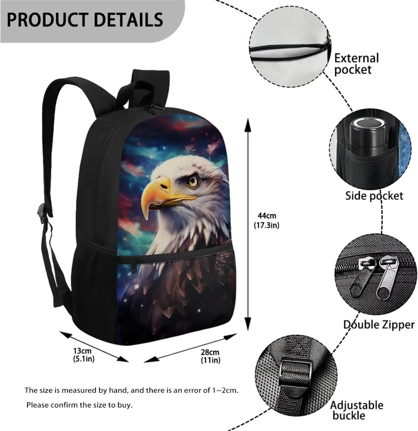 WELLFLYHOM Eagle Kids Boys Backpack Set 6-8 4Pcs with Lunch Box Three Layer Pencil Case Water Bottle Sleeve Galaxy Tie Dye Elementary School Daypack Back to School Season Supplies