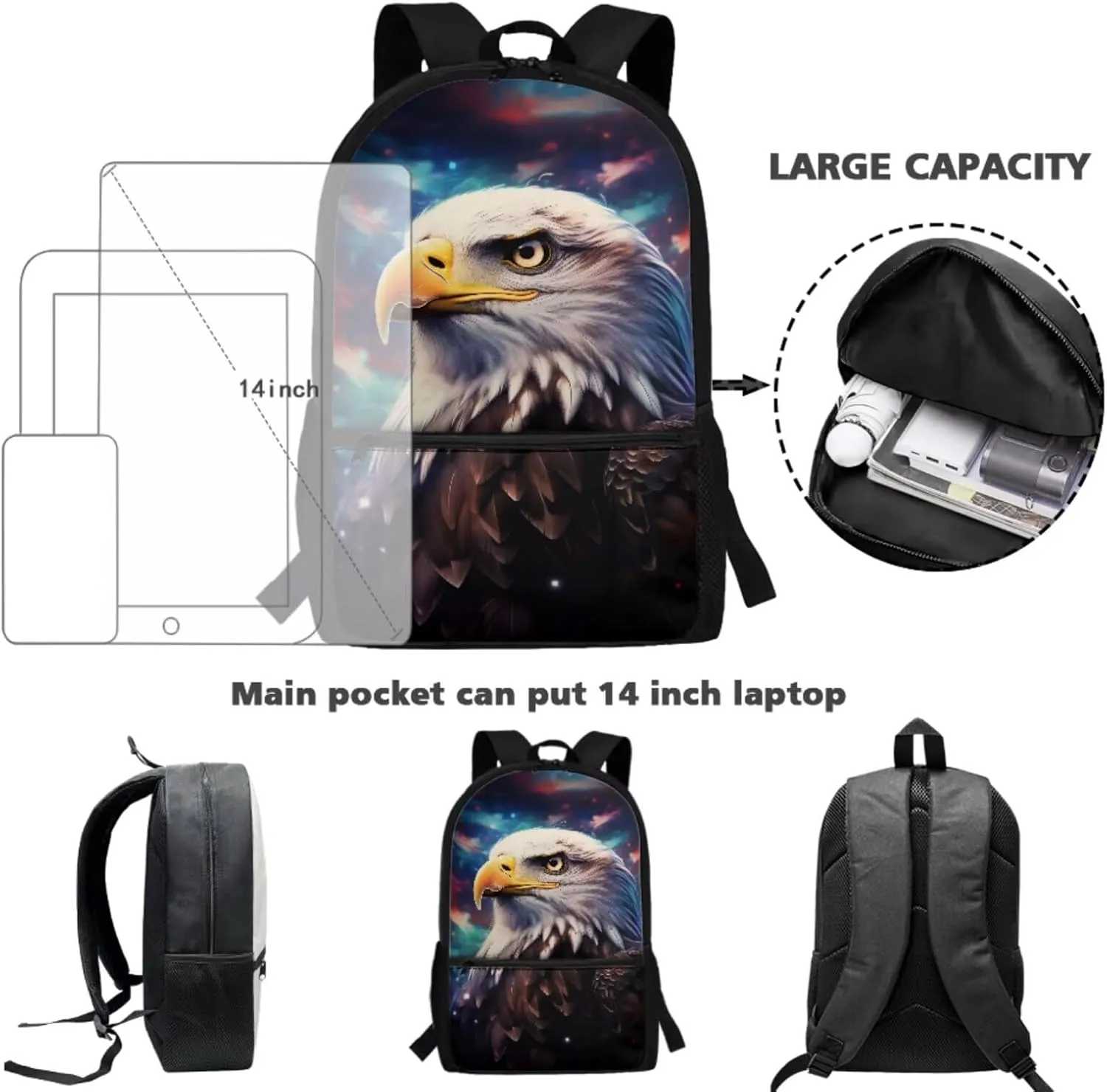 WELLFLYHOM Eagle Kids Boys Backpack Set 6-8 4Pcs with Lunch Box Three Layer Pencil Case Water Bottle Sleeve Galaxy Tie Dye Elementary School Daypack Back to School Season Supplies