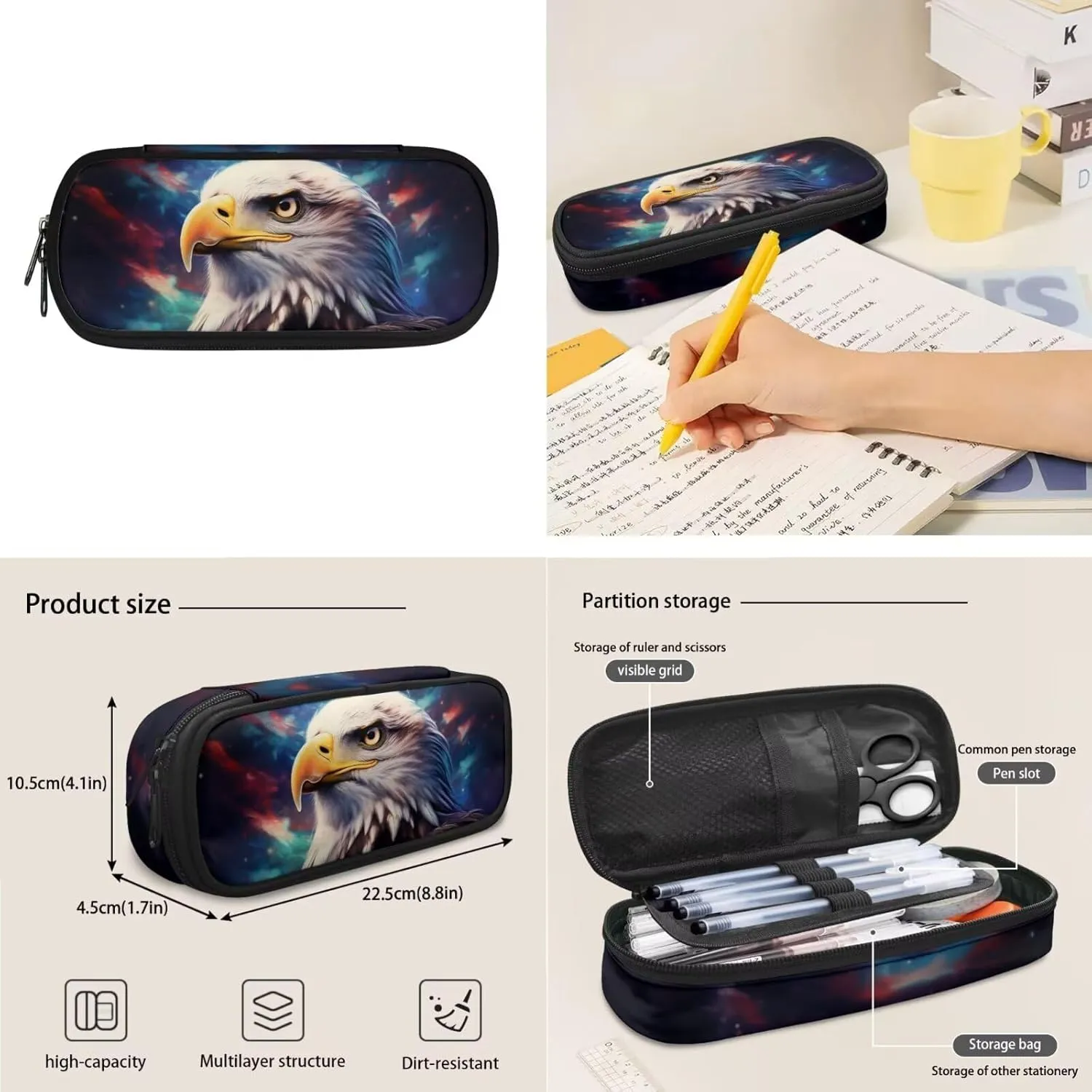 WELLFLYHOM Eagle Kids Boys Backpack Set 6-8 4Pcs with Lunch Box Three Layer Pencil Case Water Bottle Sleeve Galaxy Tie Dye Elementary School Daypack Back to School Season Supplies