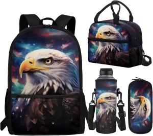 WELLFLYHOM Eagle Kids Boys Backpack Set 6-8 4Pcs with Lunch Box Three Layer Pencil Case Water Bottle Sleeve Galaxy Tie Dye Elementary School Daypack Back to School Season Supplies
