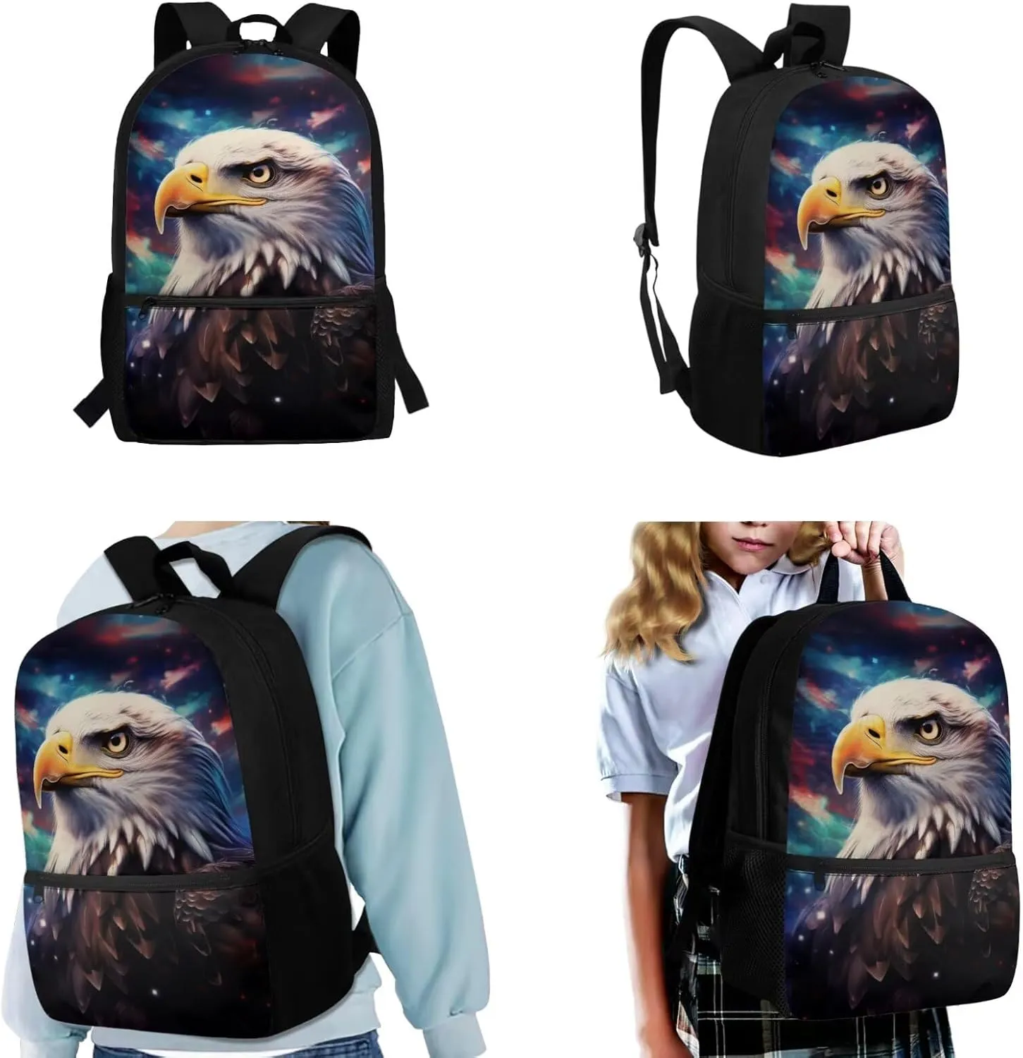 WELLFLYHOM Eagle Kids Boys Backpack Set 6-8 4Pcs with Lunch Box Three Layer Pencil Case Water Bottle Sleeve Galaxy Tie Dye Elementary School Daypack Back to School Season Supplies