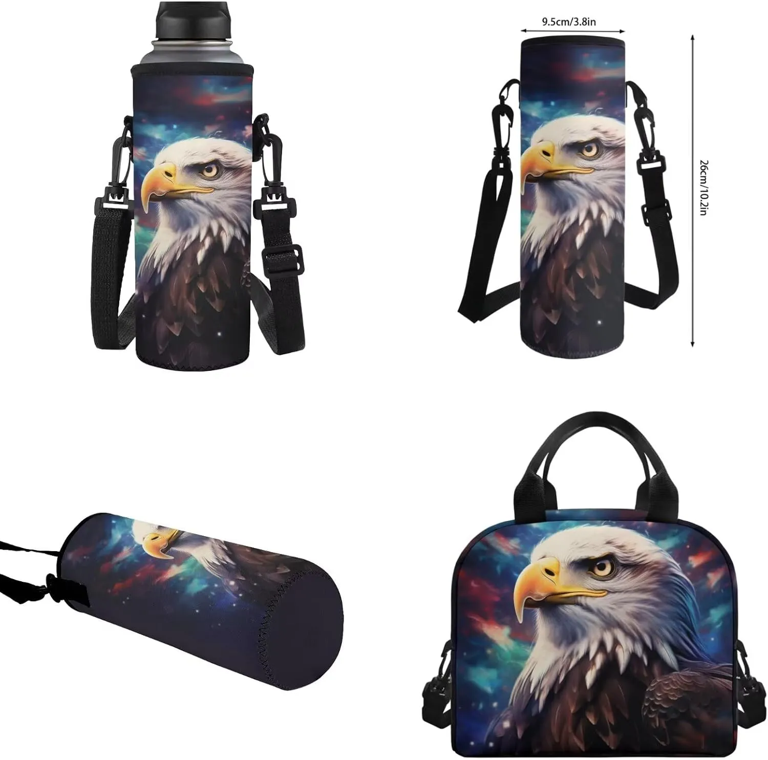 WELLFLYHOM Eagle Kids Boys Backpack Set 6-8 4Pcs with Lunch Box Three Layer Pencil Case Water Bottle Sleeve Galaxy Tie Dye Elementary School Daypack Back to School Season Supplies