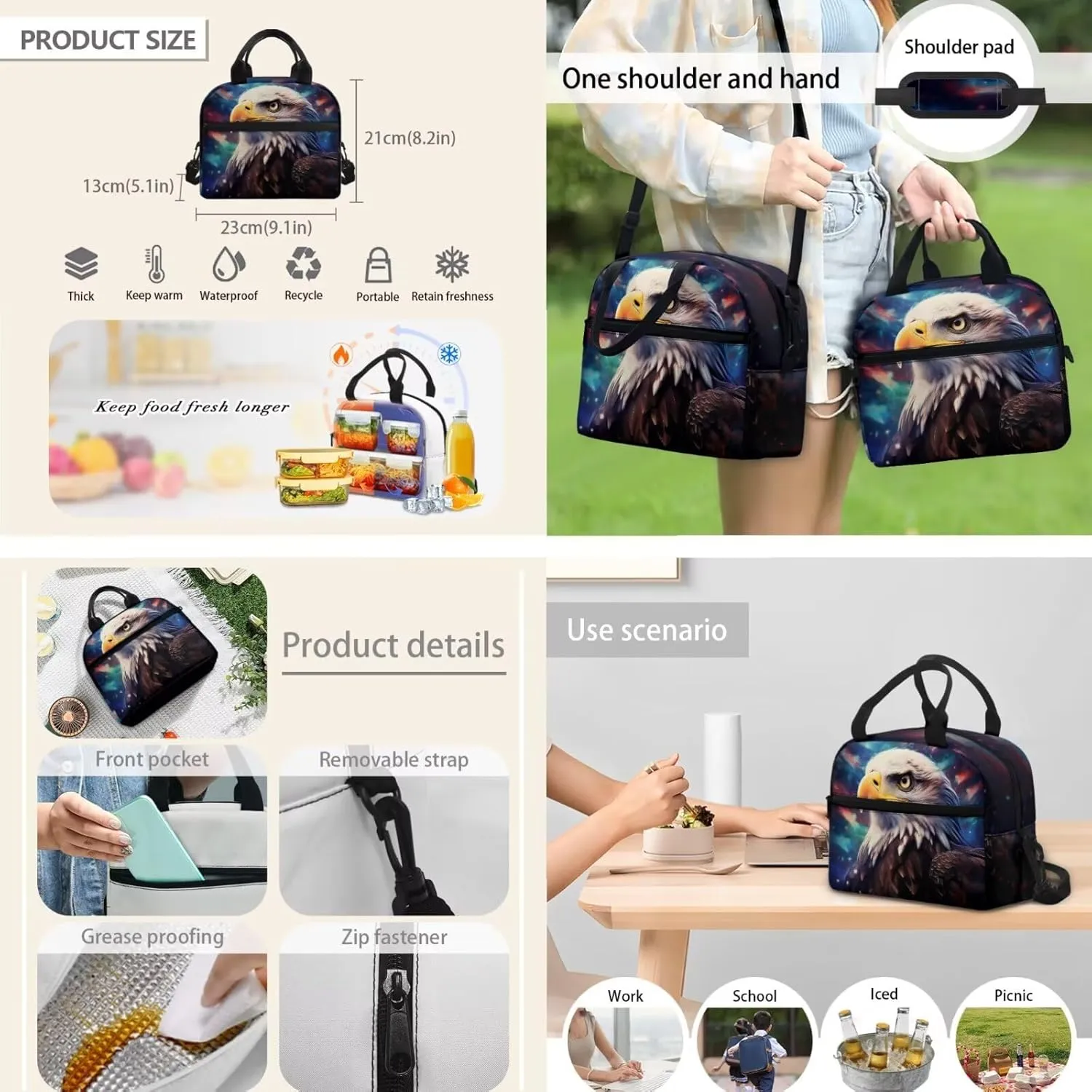 WELLFLYHOM Eagle Kids Boys Backpack Set 6-8 4Pcs with Lunch Box Three Layer Pencil Case Water Bottle Sleeve Galaxy Tie Dye Elementary School Daypack Back to School Season Supplies