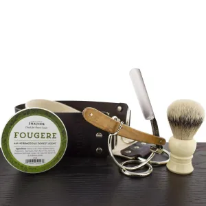 West Coast Shaving Wood Straight Razor Kit, Fougere Shaving Soap, Silvertip Brush and 3" Strop