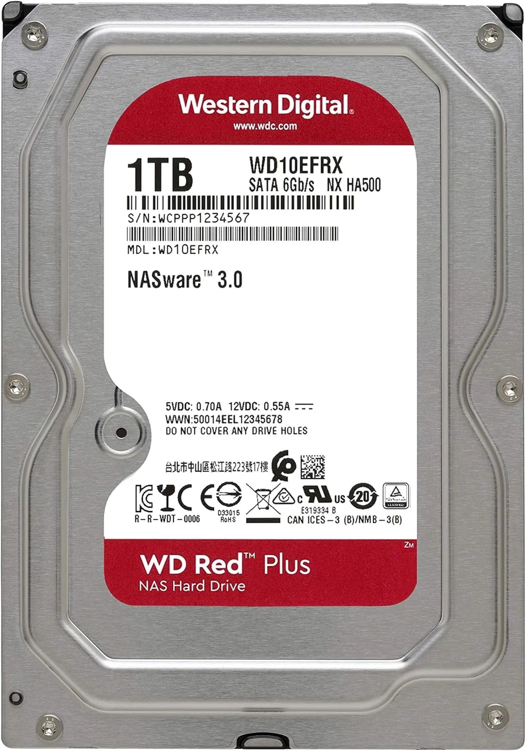 Western Digital 1TB WD Red Plus NAS Internal Hard Drive HDD - 5400 RPM, SATA 6 Gb/s, CMR, 64 MB Cache, 3.5" - WD10EFRX