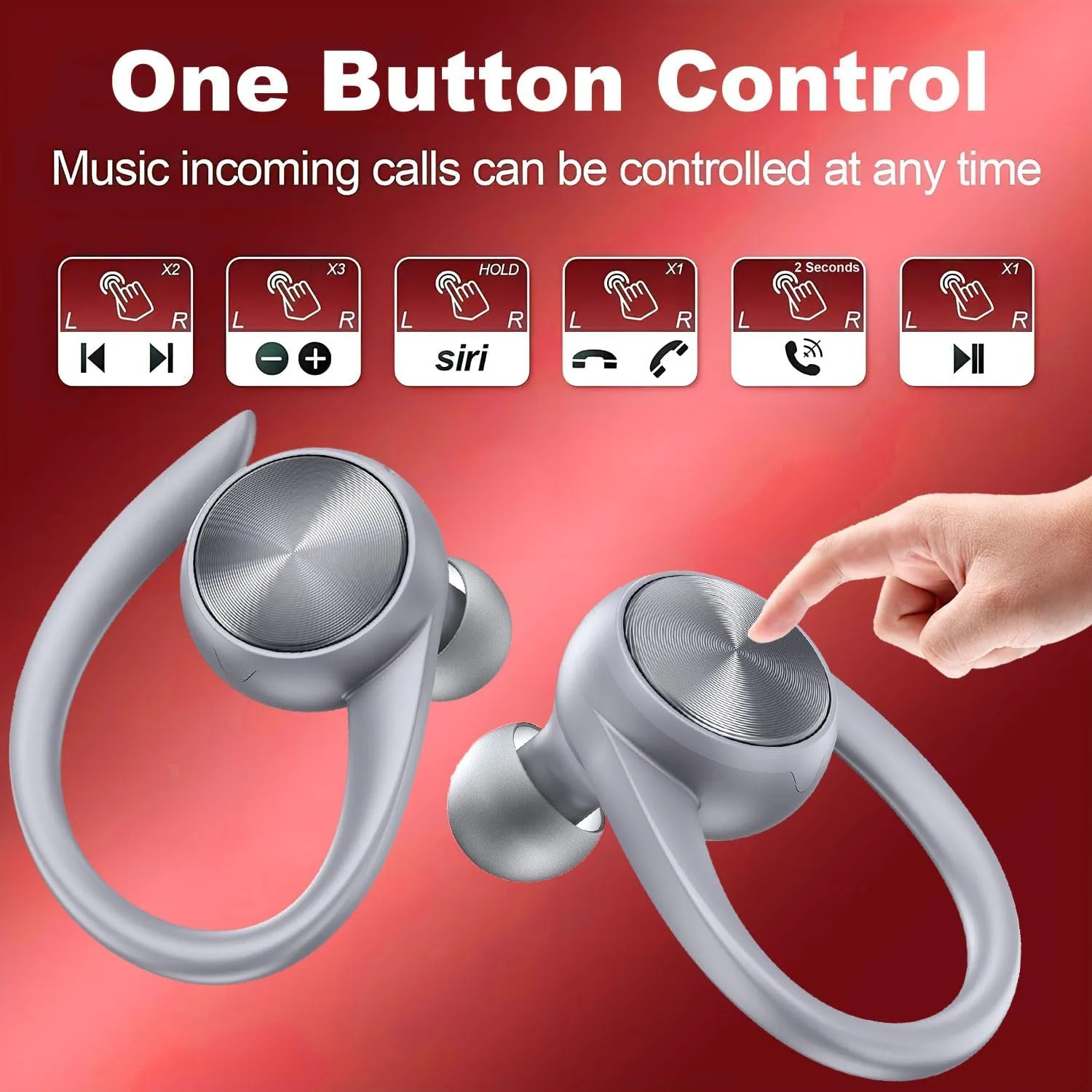 Wireless Earbuds 60H Playtime Earphones Wireless Bluetooth Ear Buds Charging Case Digital Display Earbuds with Ear Hooks for Sports/Workout/Running in-Ear Headphones for TV/Phone/Laptop (Grey)