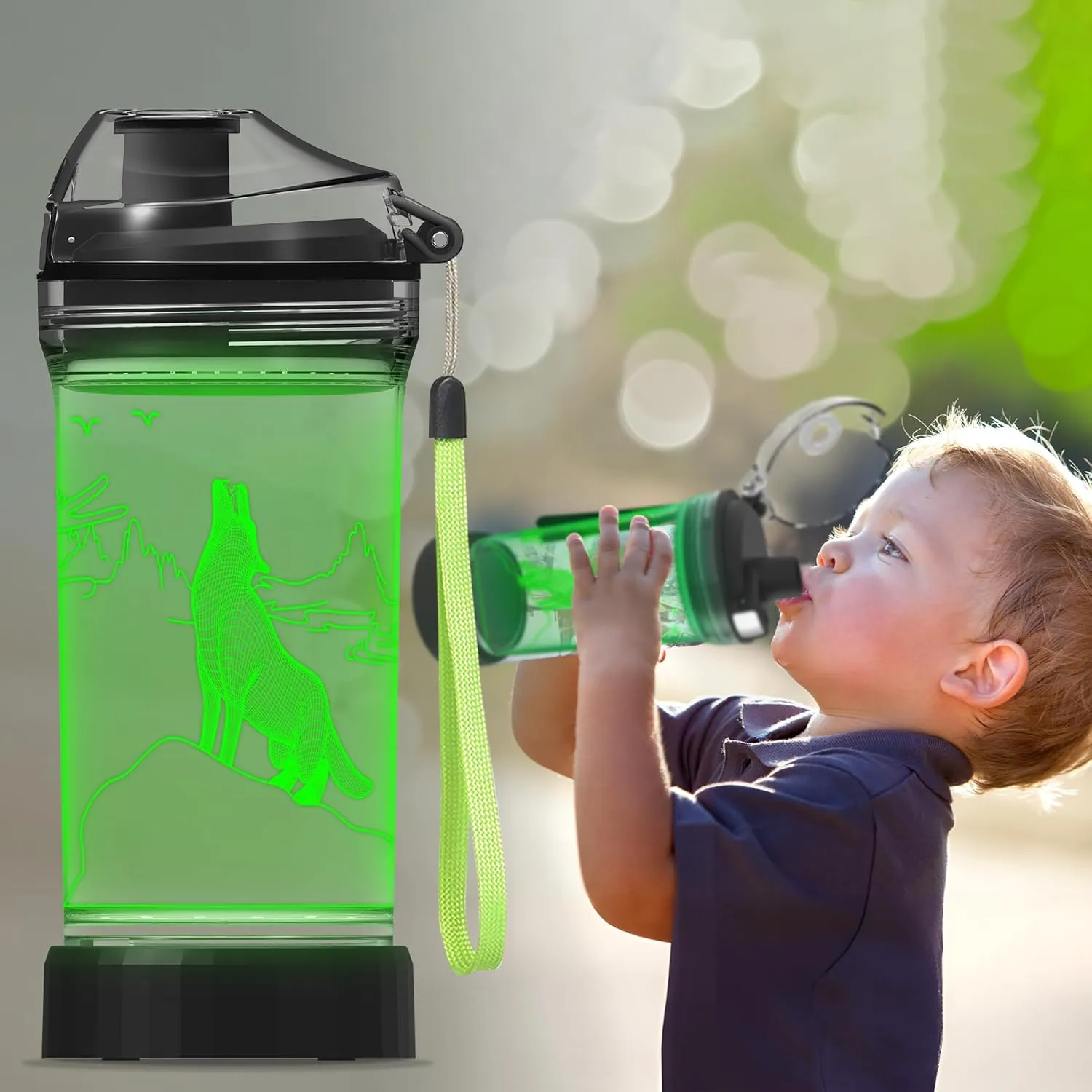 Wolf Gifts, Light Up 3D Wolf Water Bottle with 14oz Tritan BPA Free, Best Wolves Gift for Boys Girls Kids on Birthday Christmas Holiday