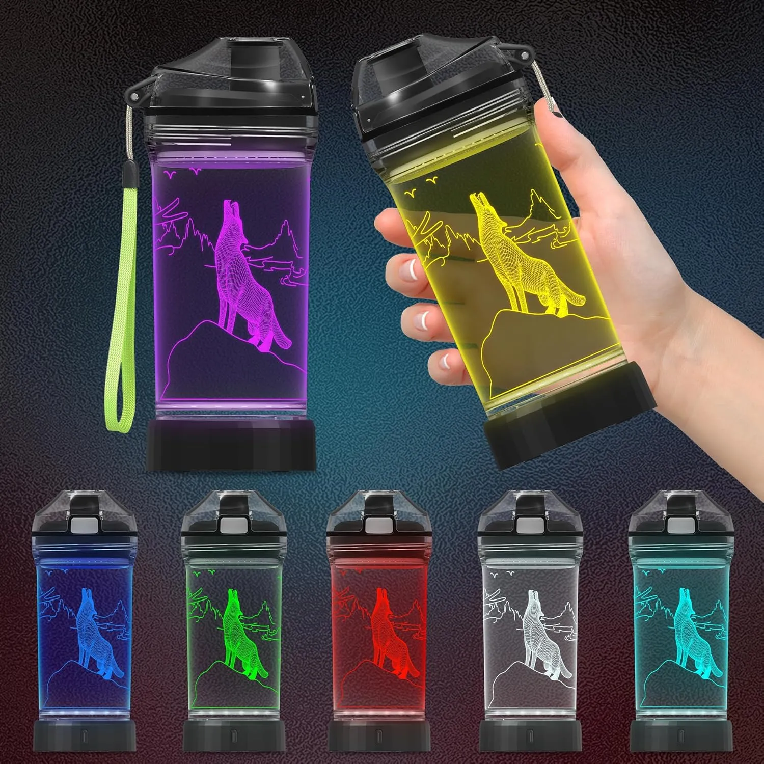 Wolf Gifts, Light Up 3D Wolf Water Bottle with 14oz Tritan BPA Free, Best Wolves Gift for Boys Girls Kids on Birthday Christmas Holiday