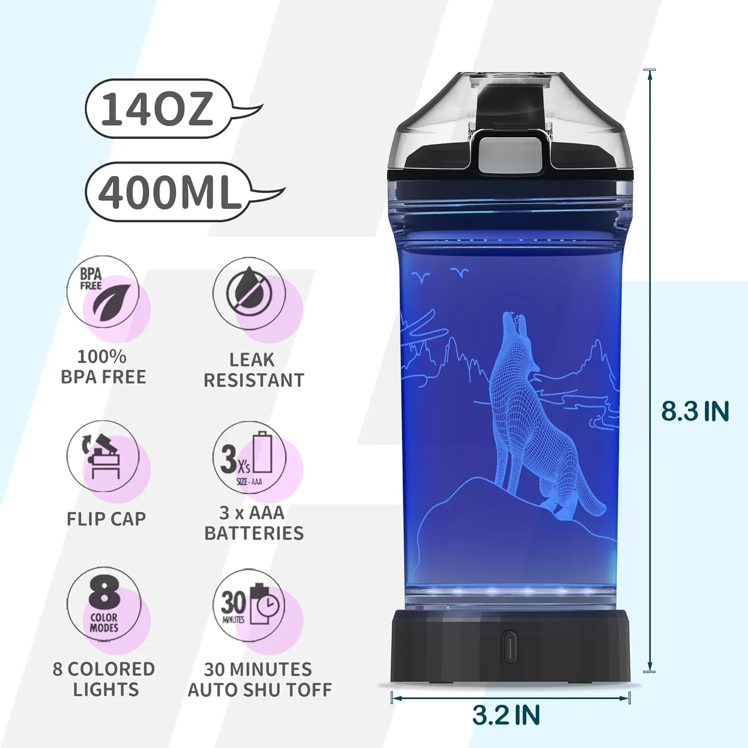 Wolf Gifts, Light Up 3D Wolf Water Bottle with 14oz Tritan BPA Free, Best Wolves Gift for Boys Girls Kids on Birthday Christmas Holiday
