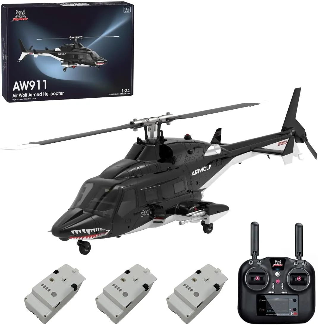 WOLFBUSH AW-911 Air-Wolf RC Helicopter, 1/34 Scale 2.4G 9CH Flybarless RC Helicopter Model with 6G/3D Stunt Mode and GPS Flight Control System, Aircraft for Beginners(RTF Version)