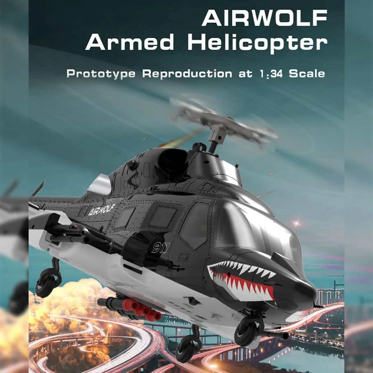 WOLFBUSH AW-911 Air-Wolf RC Helicopter, 1/34 Scale 2.4G 9CH Flybarless RC Helicopter Model with 6G/3D Stunt Mode and GPS Flight Control System, Aircraft for Beginners(RTF Version)