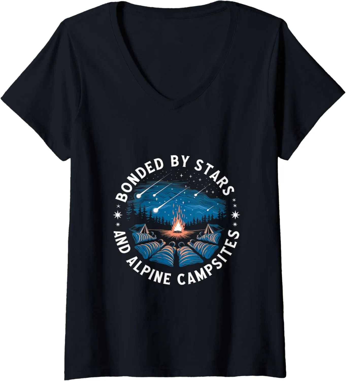 Womens Bonded by Stars and Alpine Campsites Alpine Camping V-Neck T-Shirt