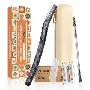 Women's Dermaplane Face & Eyebrow Razor Kit with Slant Tweezers, Spoolie Brush, and GlamTweeler's Luxury Leather Storage & Travel Case   10 Refill Blades
