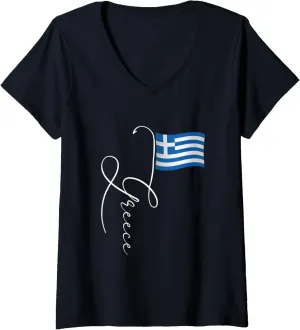 Womens Greece Signature Flag Pole - Elegant Patriotic Greek Flag V-Neck T-Shirt