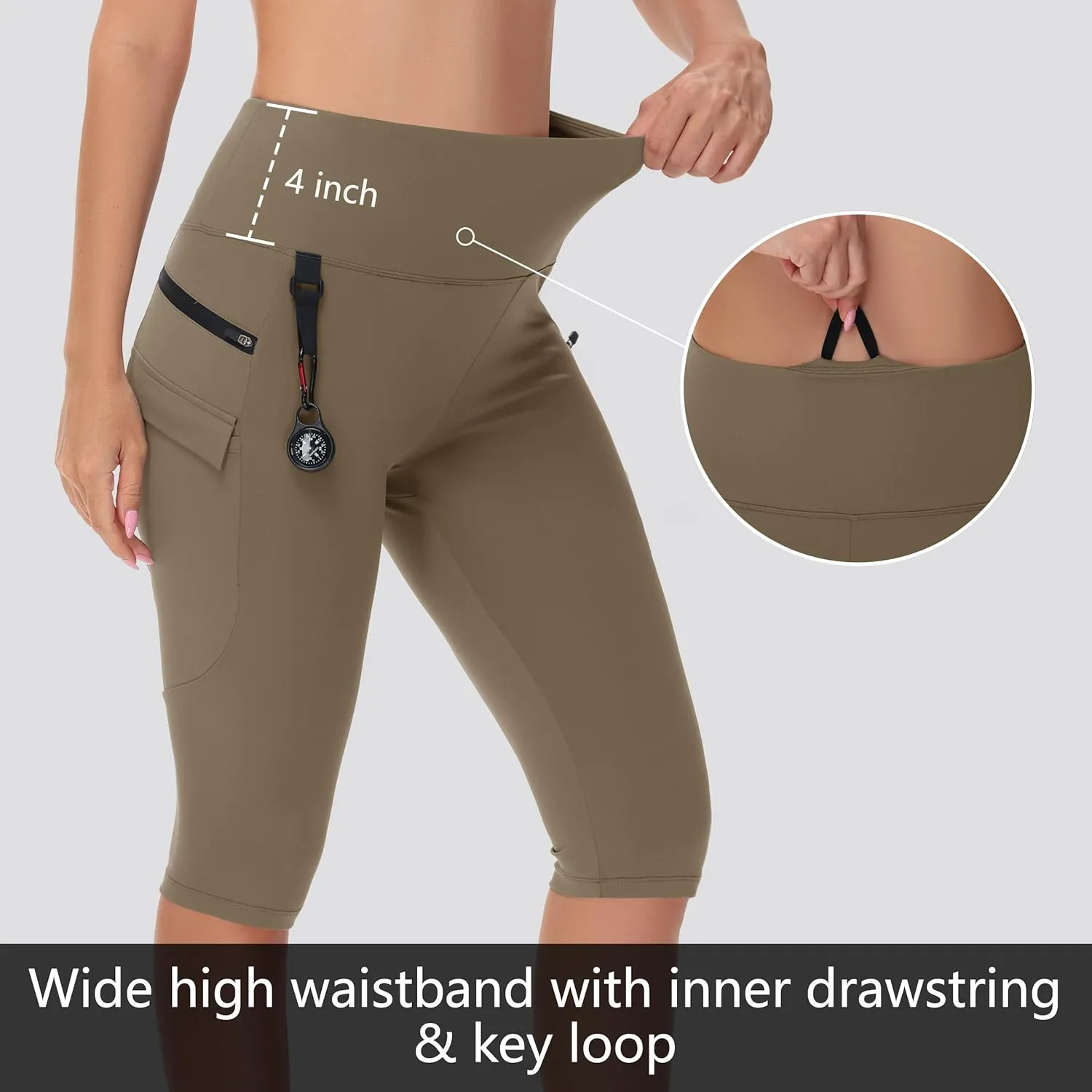 Women's Hiking Long Shorts Knee Length Capri Leggings with Zip Pockets High Waisted Biker Short Athletic Outdoor Travel
