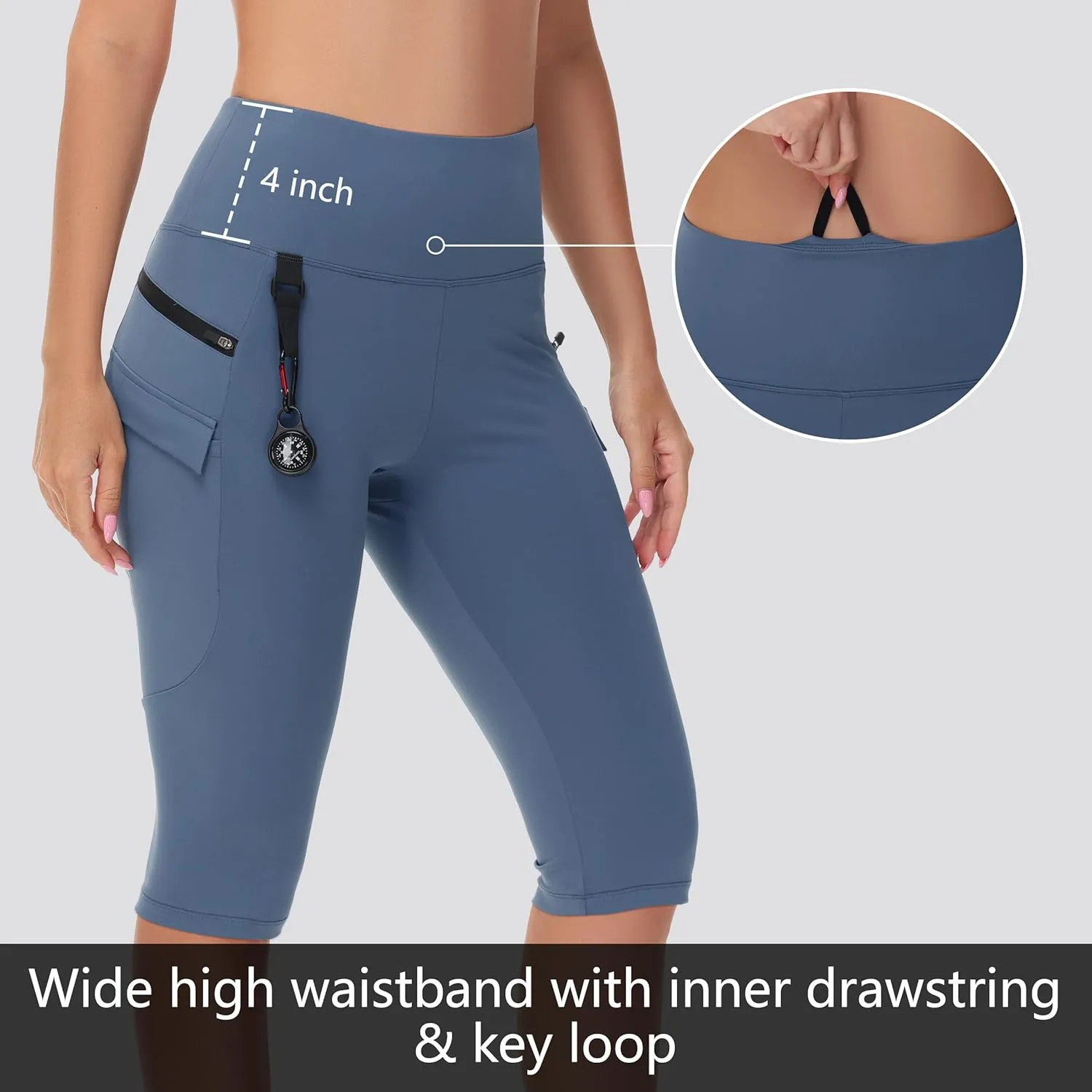 Women's Hiking Long Shorts Knee Length Capri Leggings with Zip Pockets High Waisted Biker Short Athletic Outdoor Travel