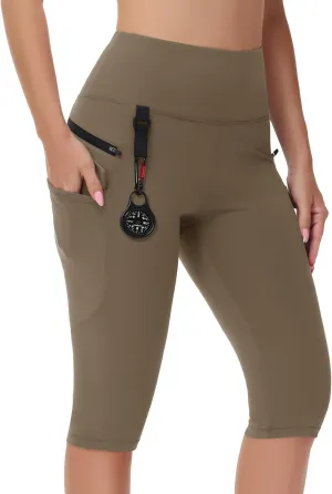 Women's Hiking Long Shorts Knee Length Capri Leggings with Zip Pockets High Waisted Biker Short Athletic Outdoor Travel