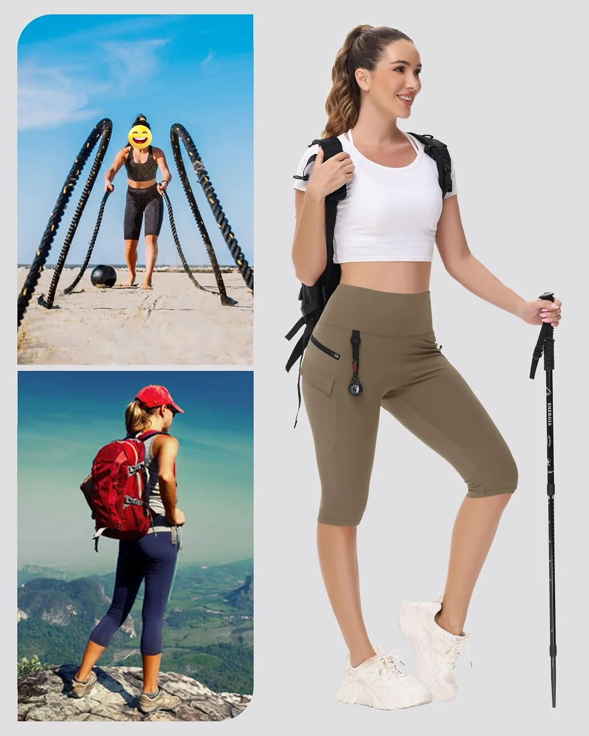 Women's Hiking Long Shorts Knee Length Capri Leggings with Zip Pockets High Waisted Biker Short Athletic Outdoor Travel