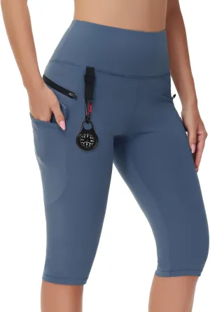 Women's Hiking Long Shorts Knee Length Capri Leggings with Zip Pockets High Waisted Biker Short Athletic Outdoor Travel