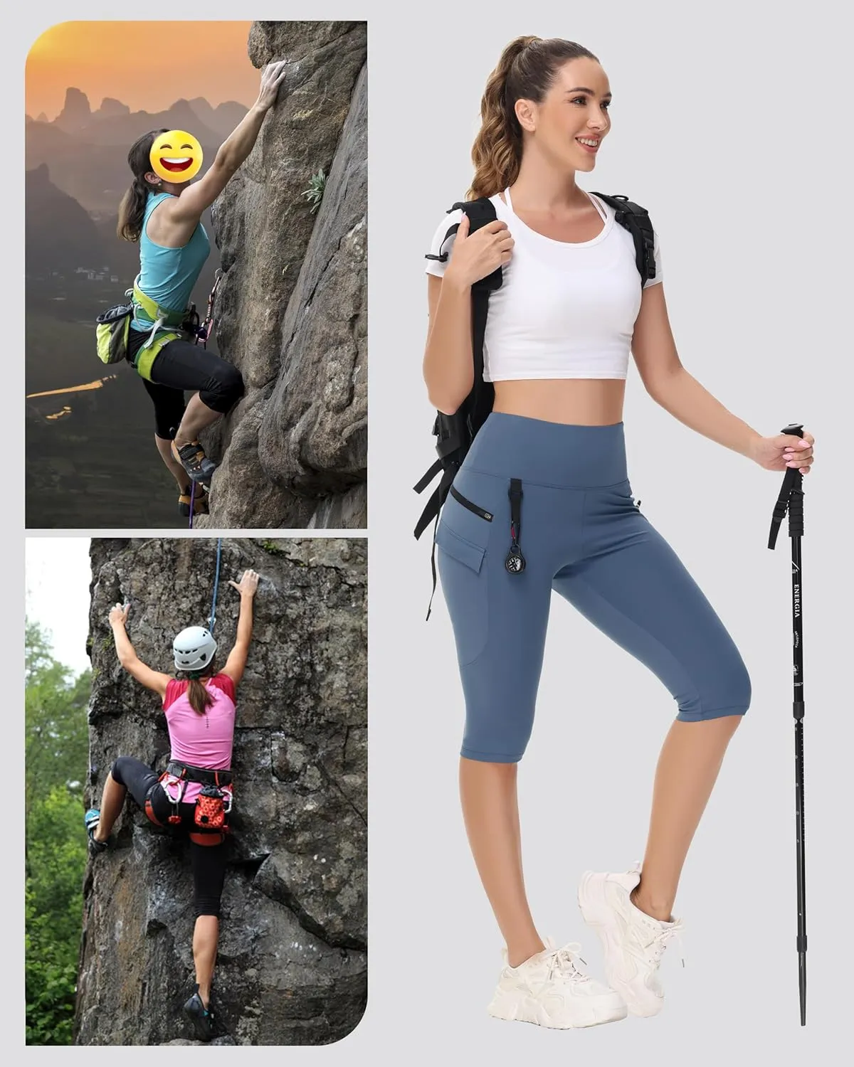Women's Hiking Long Shorts Knee Length Capri Leggings with Zip Pockets High Waisted Biker Short Athletic Outdoor Travel