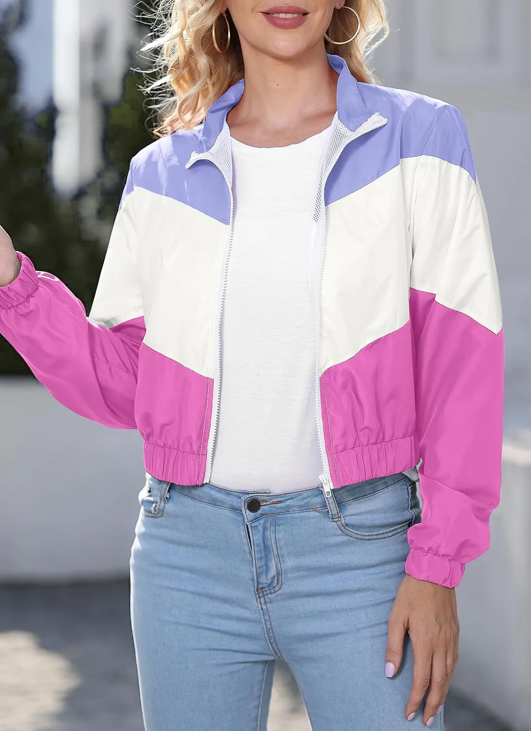 Women’s Lightweight Windbreaker Sport Jacket Zip Up Color Block Coat Casual Long Sleeve Jogging Outerwear