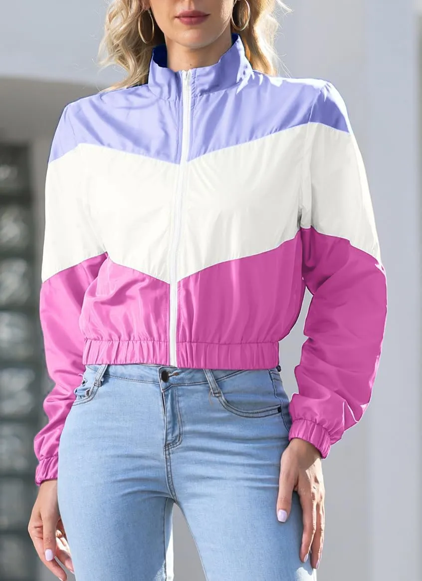 Women’s Lightweight Windbreaker Sport Jacket Zip Up Color Block Coat Casual Long Sleeve Jogging Outerwear