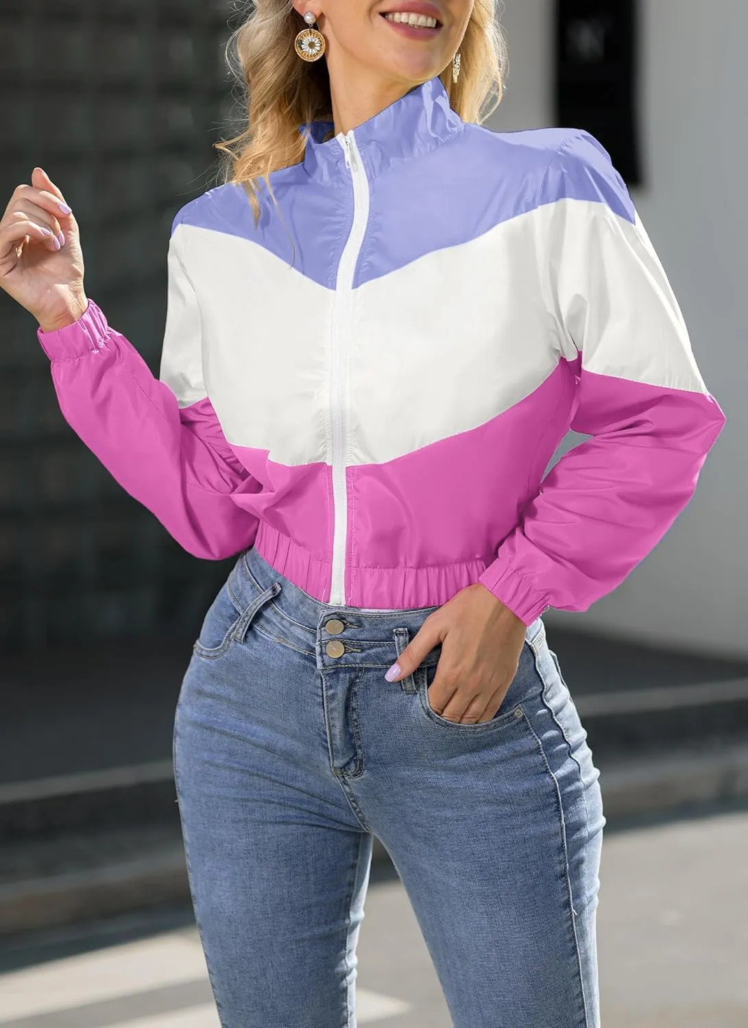 Women’s Lightweight Windbreaker Sport Jacket Zip Up Color Block Coat Casual Long Sleeve Jogging Outerwear