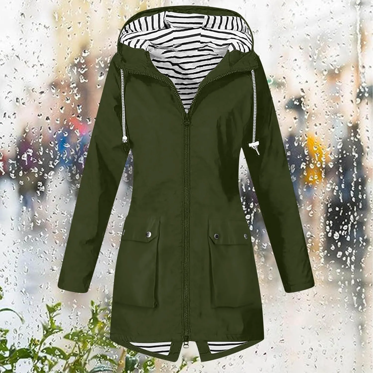 Women's Raincoat Windbreaker Zipper Hoodies Rain Jacket Waterproof Lightweight Outdoor Coat Hooded Trench Coats