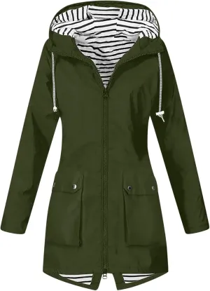 Women's Raincoat Windbreaker Zipper Hoodies Rain Jacket Waterproof Lightweight Outdoor Coat Hooded Trench Coats