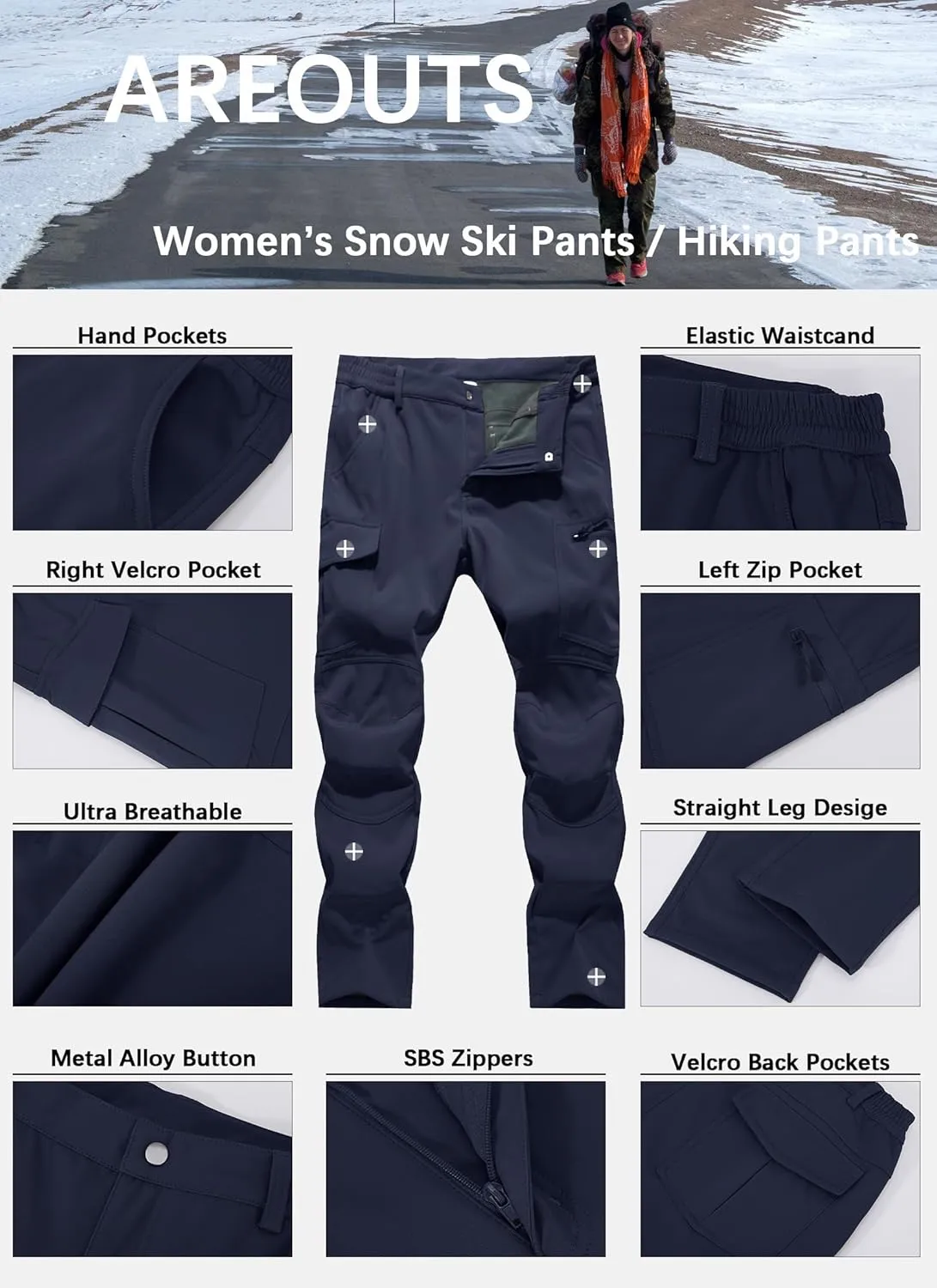 Women's Snow Ski Pants Fleece Lined Waterproof Softshell Insulated Winter Outdoor Hiking Cargo Pants