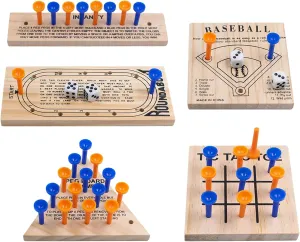 Wooden Peg Games Assortment Kit, 5 PCS Fun Brain Strategy Toy for Teens and Adults, Including Baseball, Tic-Tac-Toe, Insanity, Peg-Board-Game, Roundabout
