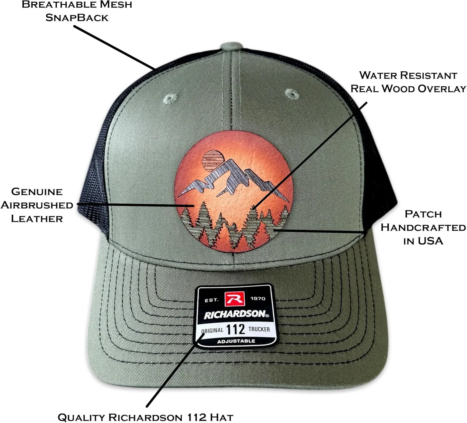 WoodHide© Mountain Trucker Hat for Men – Snapback with Mountain Logo – Richardson 112 & 168 – Mountain Scene Baseball Cap