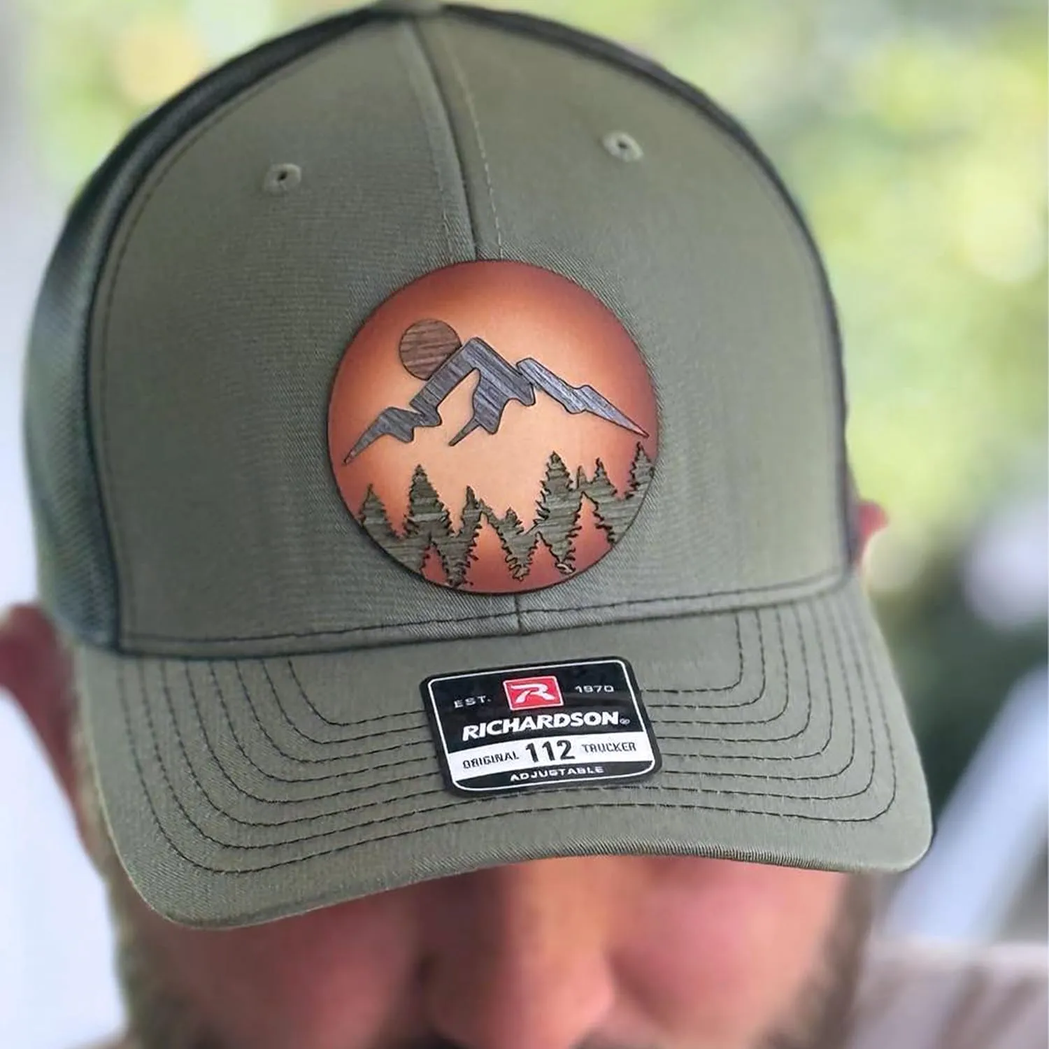 WoodHide© Mountain Trucker Hat for Men – Snapback with Mountain Logo – Richardson 112 & 168 – Mountain Scene Baseball Cap