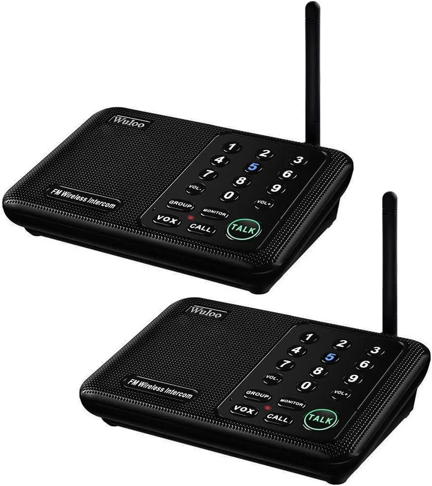 Wuloo Intercoms Wireless for Home 1 Mile (5280 Feet) Range 10 - Channel, Wireless Home Intercom System for House Business Office, Room to Room Intercom, Home Communication System (2 Packs, Black)
