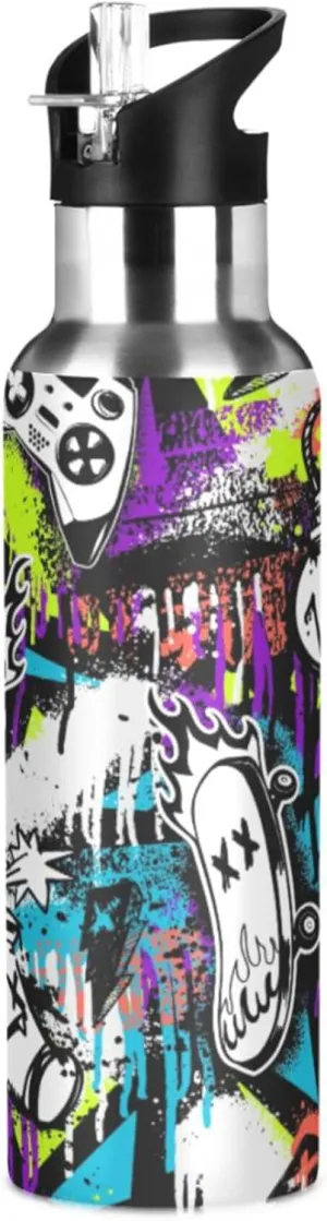 xigua Graffiti Skateboard Cartoon Water Bottle with Straw Lid Vacuum Insulated Stainless Steel Thermo Flask for Sports Cycling Hiking School Home,20 oz.