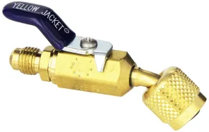 Yellow Jacket 93843 ¼” Compact Ball Valve - add to hoses for charging and recovery – 45 degree angle – ¼” F.FL. x ¼” M.FL