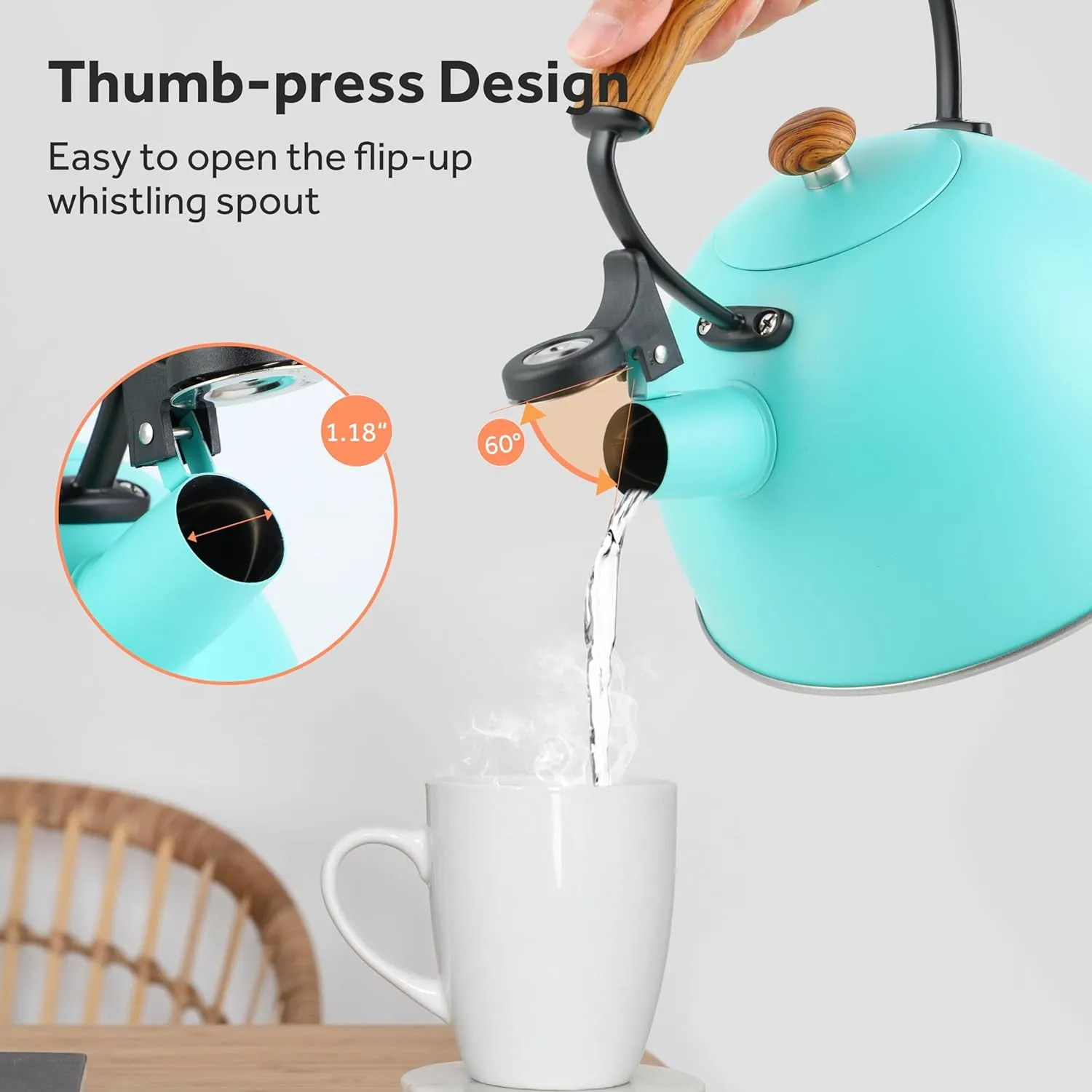 YSSOA Whistling Stovetop Tea Kettle, 3.17 Quart Stainless Steel Teapot with Cool Touch Ergonomic Handle, Hot Water Fast to Boil, Blue