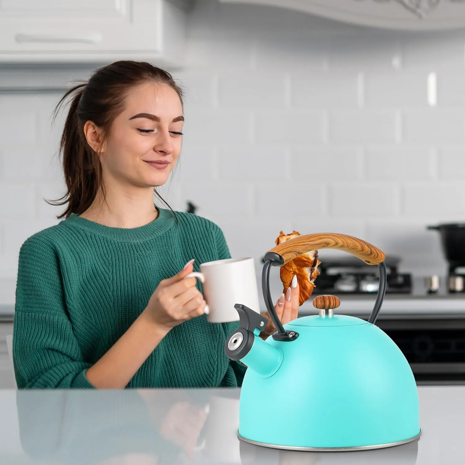 YSSOA Whistling Stovetop Tea Kettle, 3.17 Quart Stainless Steel Teapot with Cool Touch Ergonomic Handle, Hot Water Fast to Boil, Blue