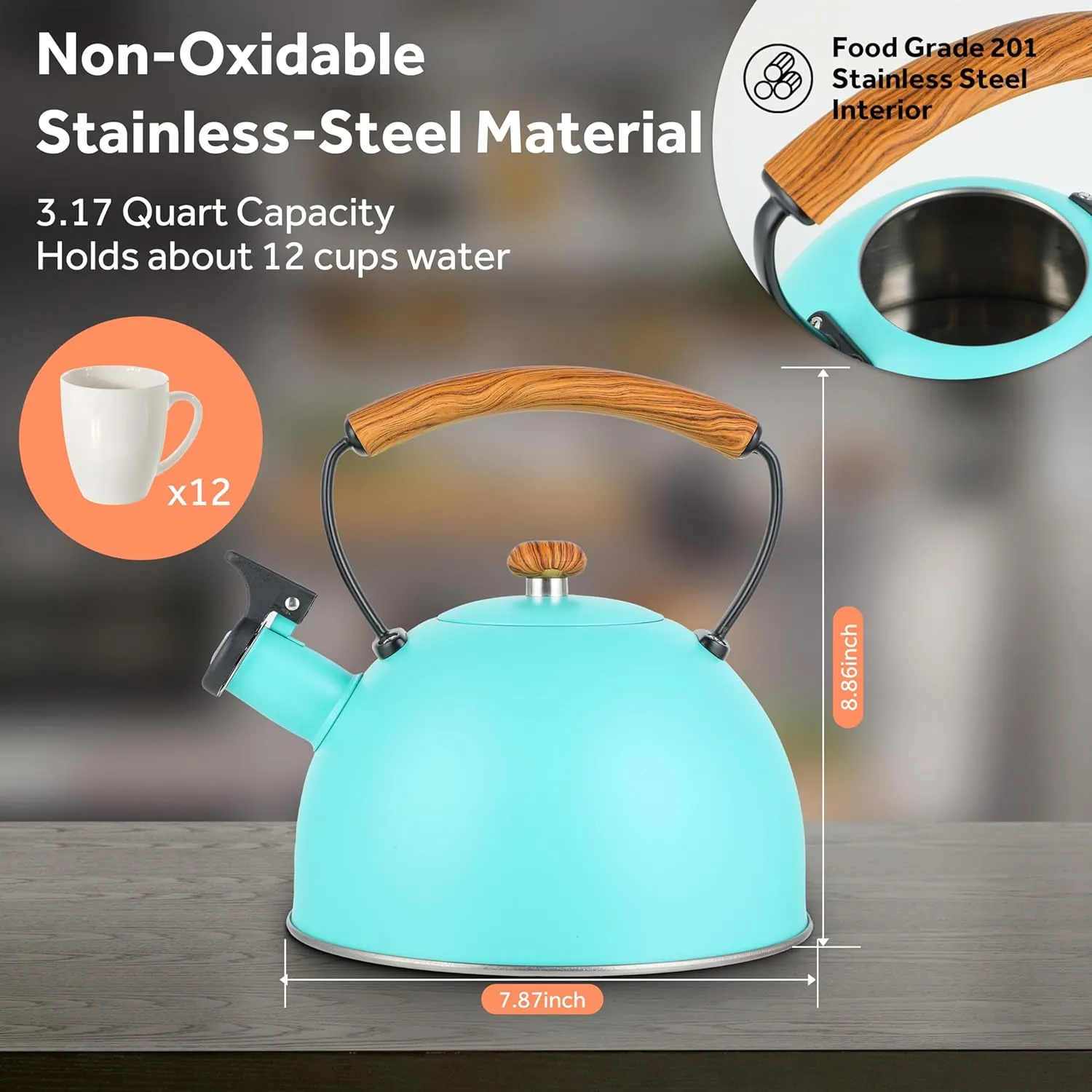 YSSOA Whistling Stovetop Tea Kettle, 3.17 Quart Stainless Steel Teapot with Cool Touch Ergonomic Handle, Hot Water Fast to Boil, Blue