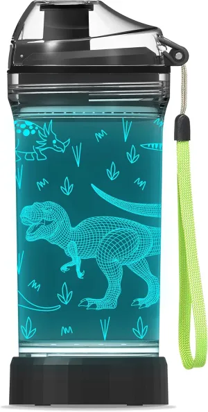 YuanDian Dinosaur Water Bottle, Light Up Boy Drinking Cups with 3D Dinosaur Night Light- 14 OZ Tritan BPA Free Eco-Friendly - Cool Jurassic Merchandise Gift for School Kids Boy Girl