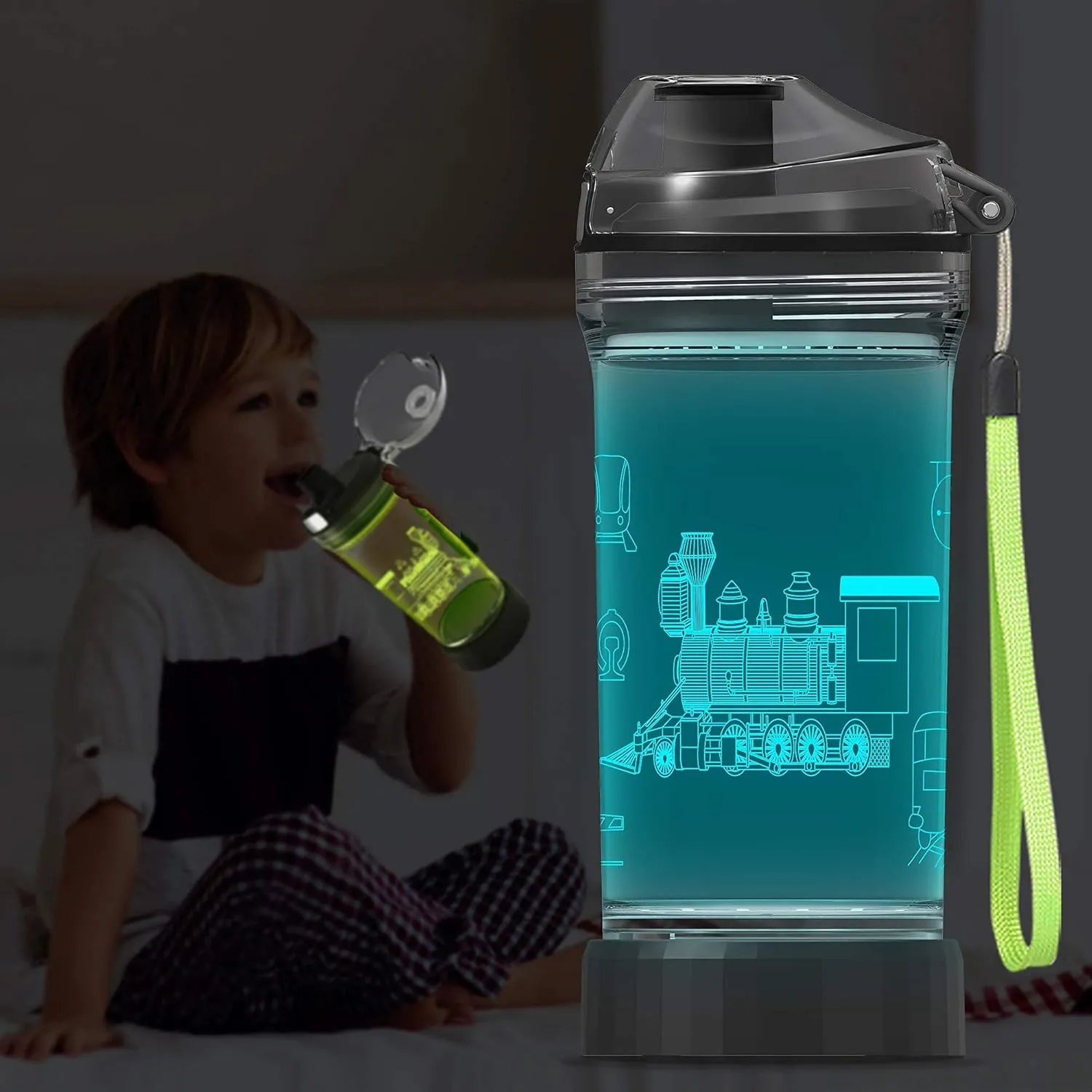 YuanDian Light Up Kids Water Bottle with 3D Train Design- 14 OZ Tritan BPA Free - Cool Drinking Cups Gift for School Kindergarten Boys and Girls Christmas Holiday