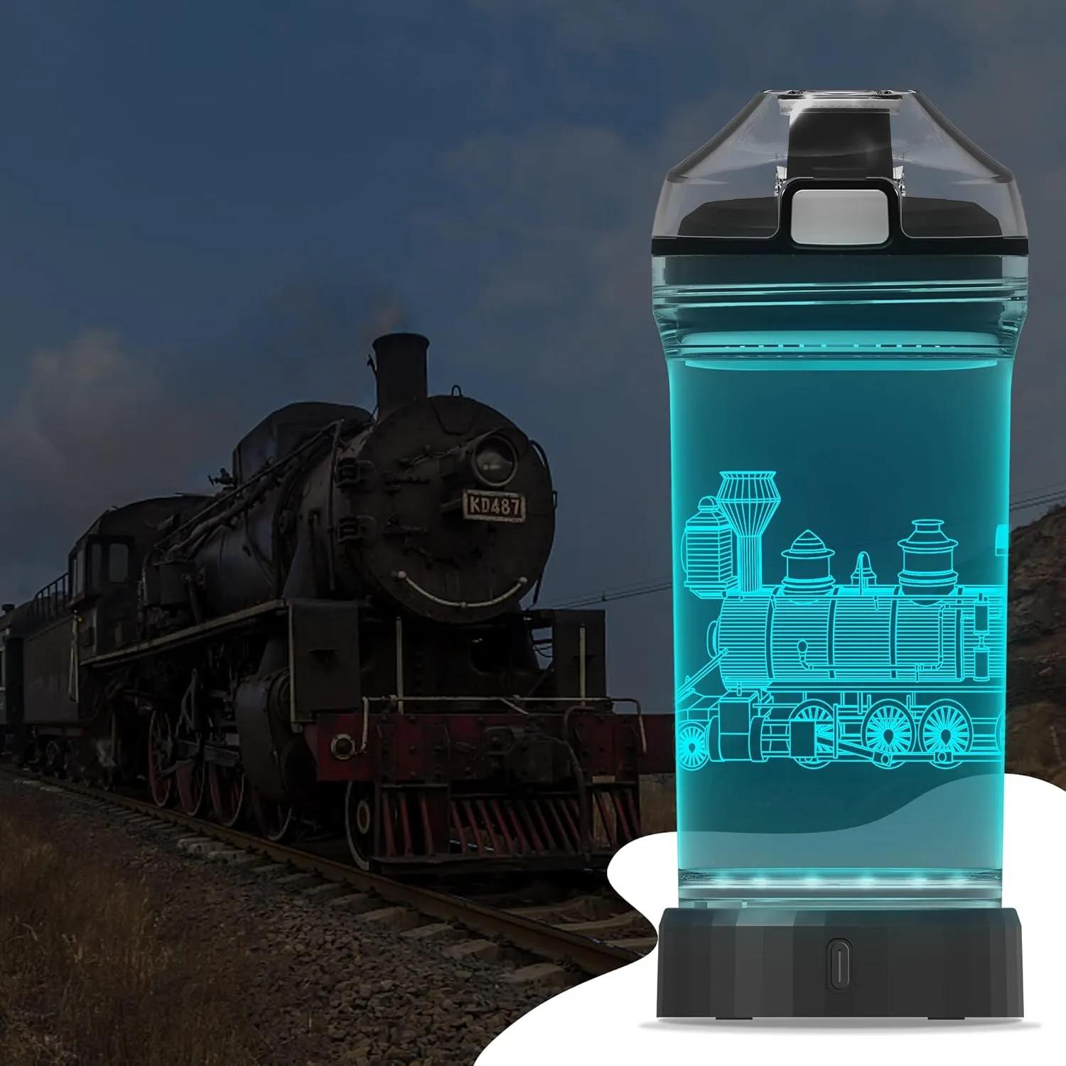 YuanDian Light Up Kids Water Bottle with 3D Train Design- 14 OZ Tritan BPA Free - Cool Drinking Cups Gift for School Kindergarten Boys and Girls Christmas Holiday