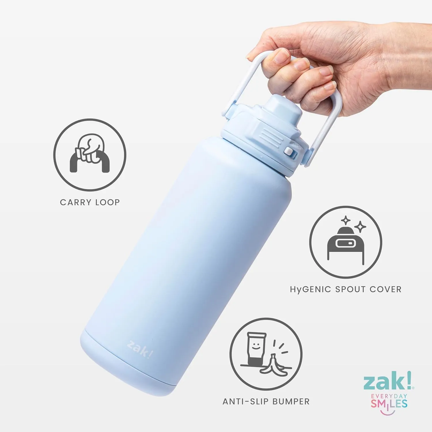 Zak Designs Beacon Straw Lid Water Bottle for Travel or At Home, 32oz Stainless Steel is Leak-Proof and Vacuum Insulated with Silicone Spout, Cover, Carry Handle, Protective Base (Provence Blue)